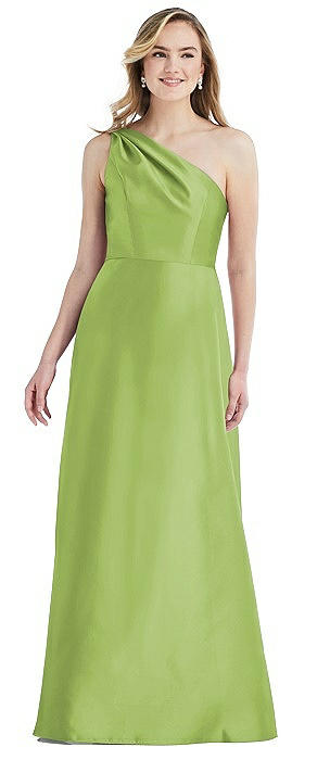 Pleated Draped One-Shoulder Satin Maxi Dress with Pockets