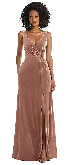 Velvet Maxi Dress with Shirred Bodice and Front Slit