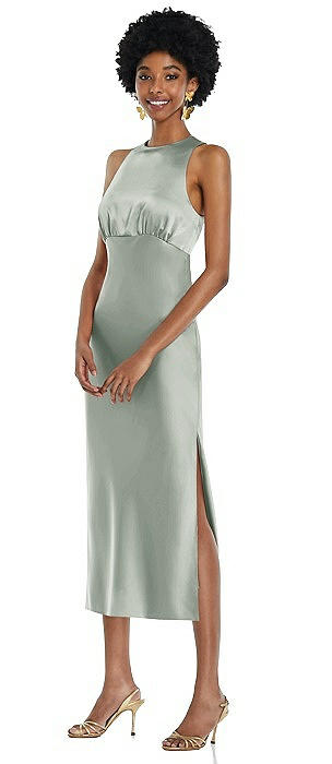 Jewel Neck Sleeveless Midi Dress with Bias Skirt