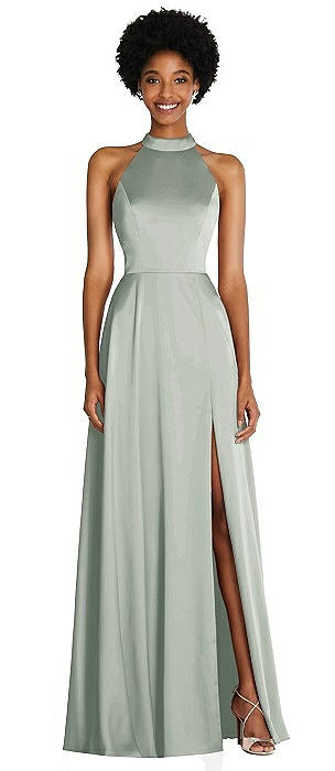 Stand Collar Cutout Tie Back Maxi Dress with Front Slit