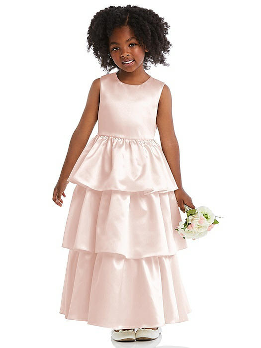 Jewel Neck Tiered Skirt Satin Flower Girl Dress