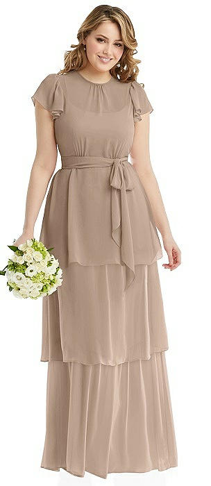 Flutter Sleeve Jewel Neck Chiffon Maxi Dress with Tiered Ruffle Skirt