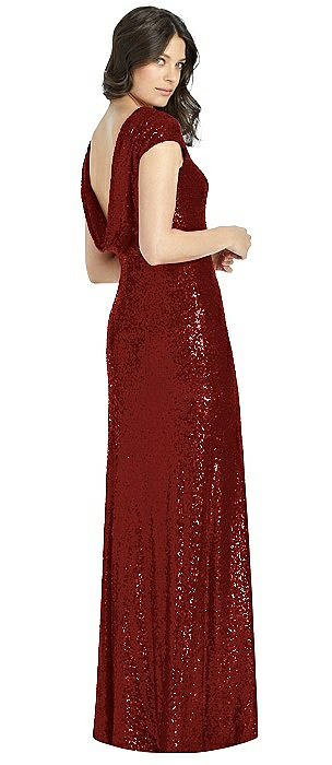Cap Sleeve Cowl-Back Sequin Gown with Front Slit