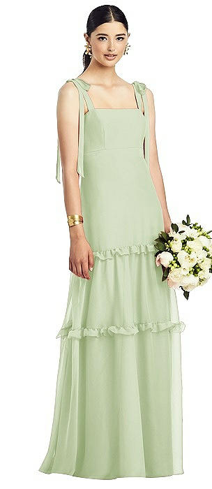 Bowed Tie-Shoulder Chiffon Dress with Tiered Ruffle Skirt