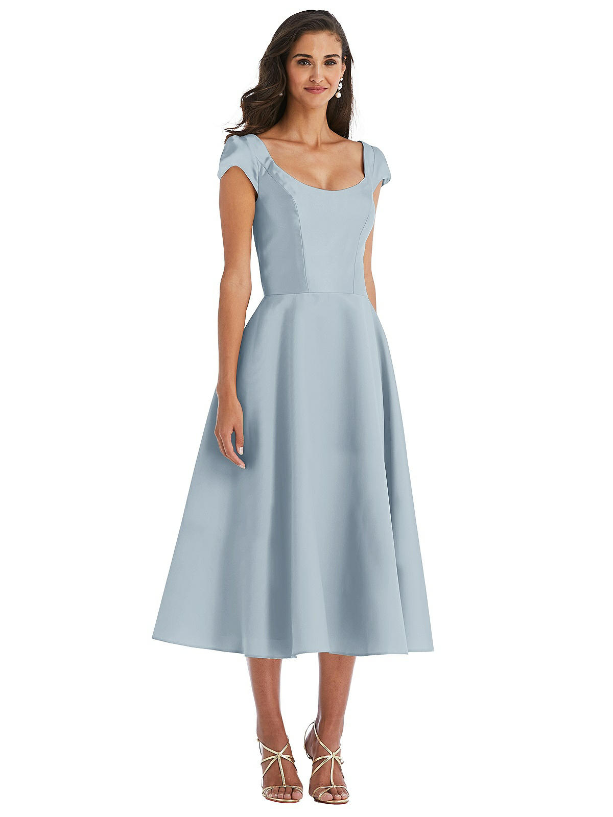 Ten 1950s Dress Styles | Vintage 50s Dresses Puff Cap Sleeve Full Skirt Satin Midi Dress  AT vintagedancer.com