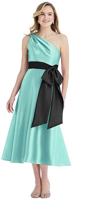 One-Shoulder Bow-Waist Midi Dress with Pockets