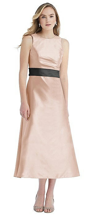 High-Neck Asymmetrical Shirred Satin Midi Dress with Pockets
