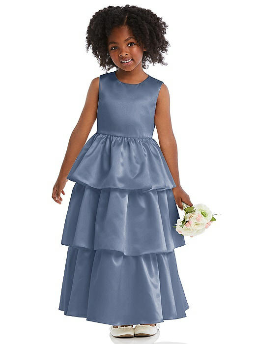 Jewel Neck Tiered Skirt Satin Flower Girl Dress