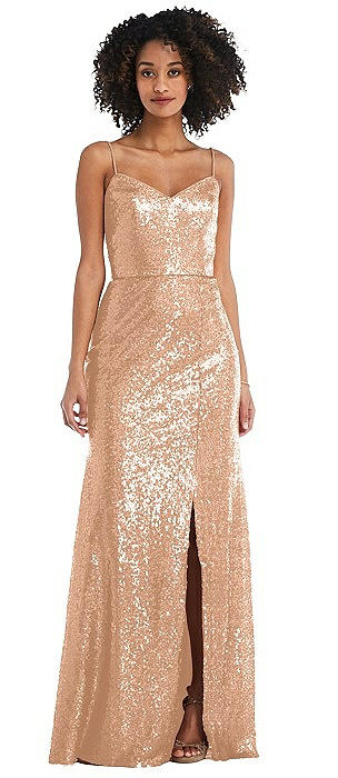 Spaghetti Strap Sequin Trumpet Gown with Side Slit