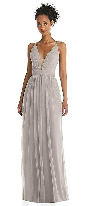 Illusion Deep V-Neck Tulle Maxi Dress with Adjustable Straps