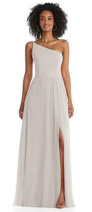 One-Shoulder Chiffon Maxi Dress with Shirred Front Slit