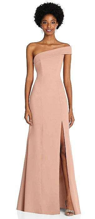 Asymmetrical Off-the-Shoulder Cuff Trumpet Gown With Front Slit