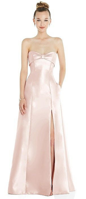 Bow Cuff Strapless Satin Ball Gown with Pockets