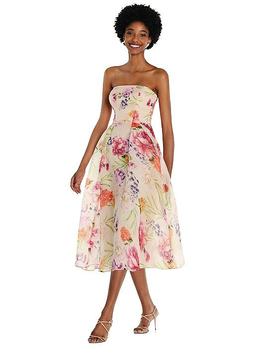 Strapless Pink Floral Organdy Midi Bridesmaid Dress | The Dessy Group