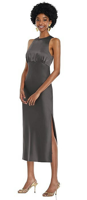 Jewel Neck Sleeveless Midi Dress with Bias Skirt