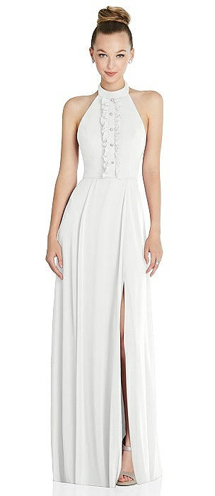 Halter Backless Maxi Dress with Crystal Button Ruffle Placket
