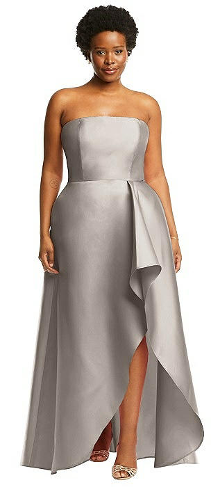 Strapless Satin Gown with Draped Front Slit and Pockets