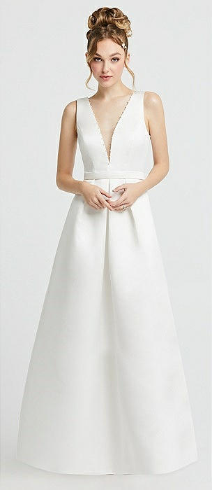 Pearl-Trimmed Deep V-Neck Satin Wedding Dress with Pockets