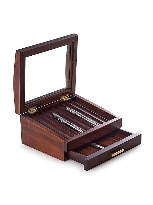 Walnut Wood 19 Pen Box with Glass Top