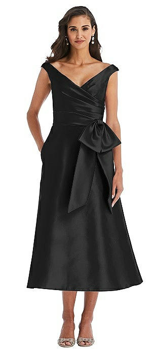 Off-the-Shoulder Bow-Waist Midi Dress with Pockets