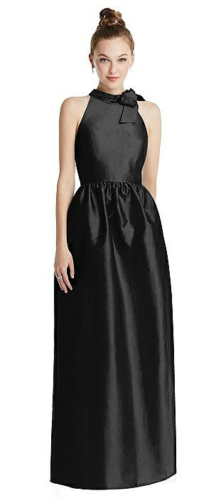 Bowed High-Neck Full Skirt Maxi Dress with Pockets