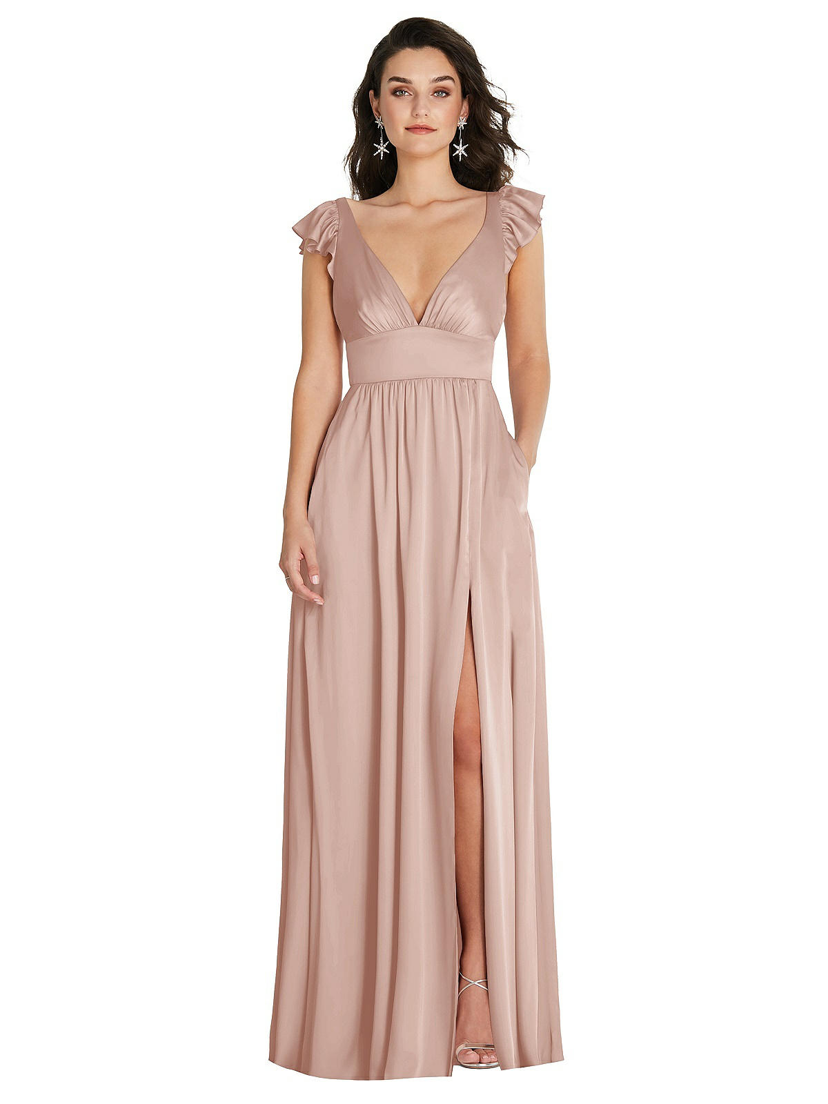 Deep V-Neck Ruffle Cap Sleeve Maxi 