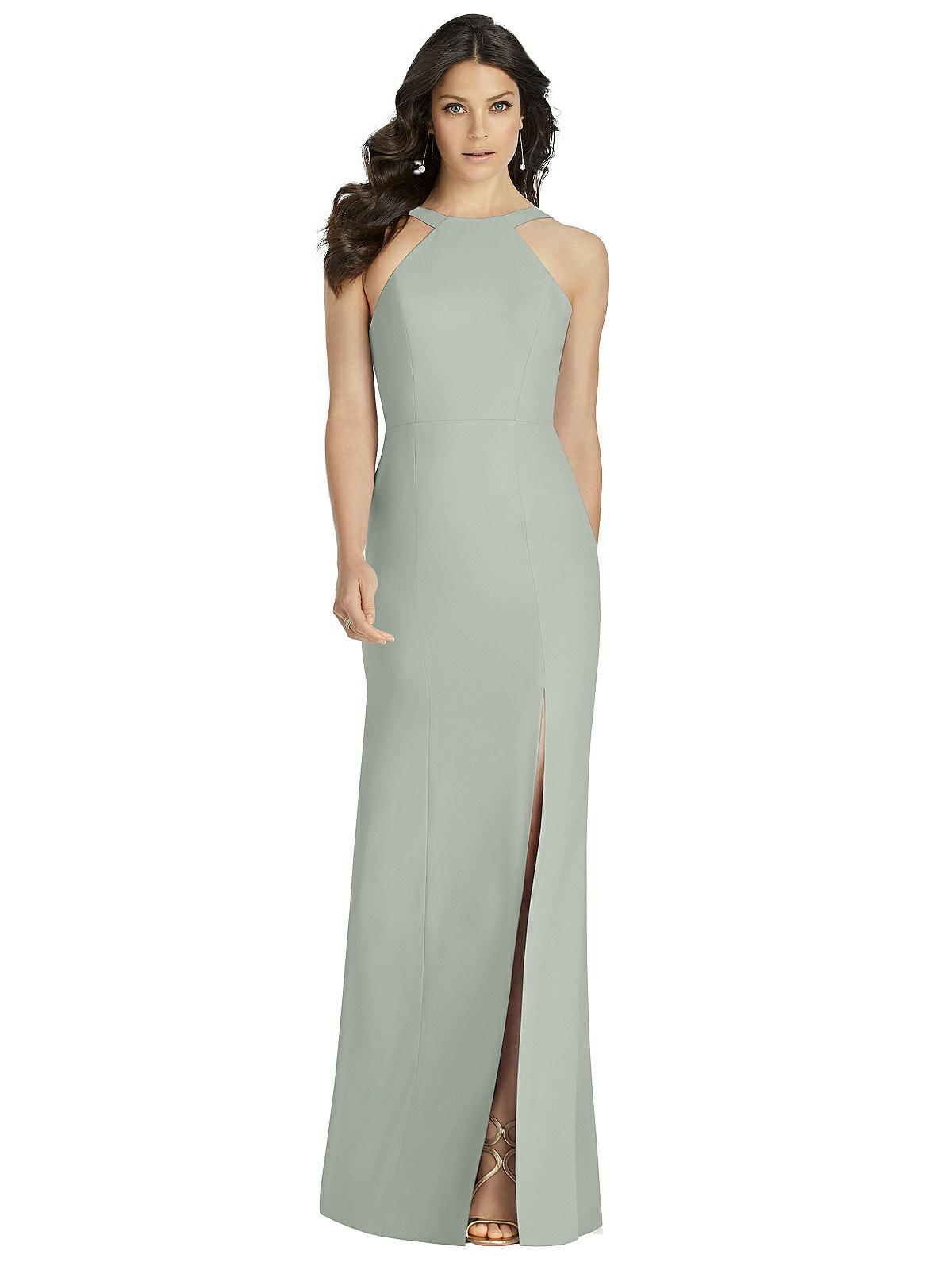 High-Neck Backless Crepe Trumpet Bridesmaid Dress | The Dessy Group
