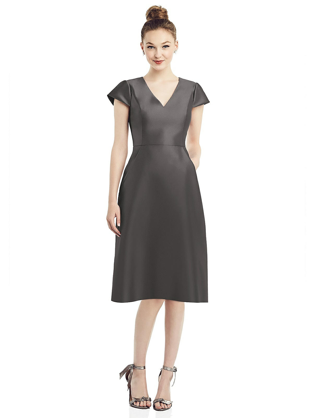 Cap Sleeve V-Neck Satin Midi Bridesmaid 
