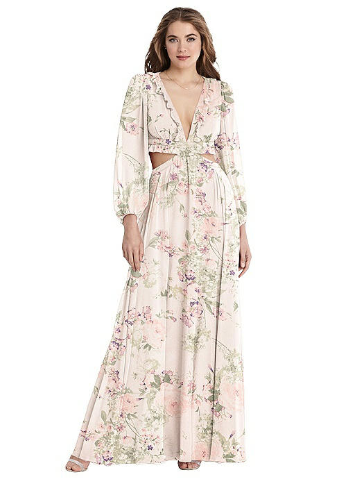 Bishop Sleeve Ruffled Chiffon Cutout 