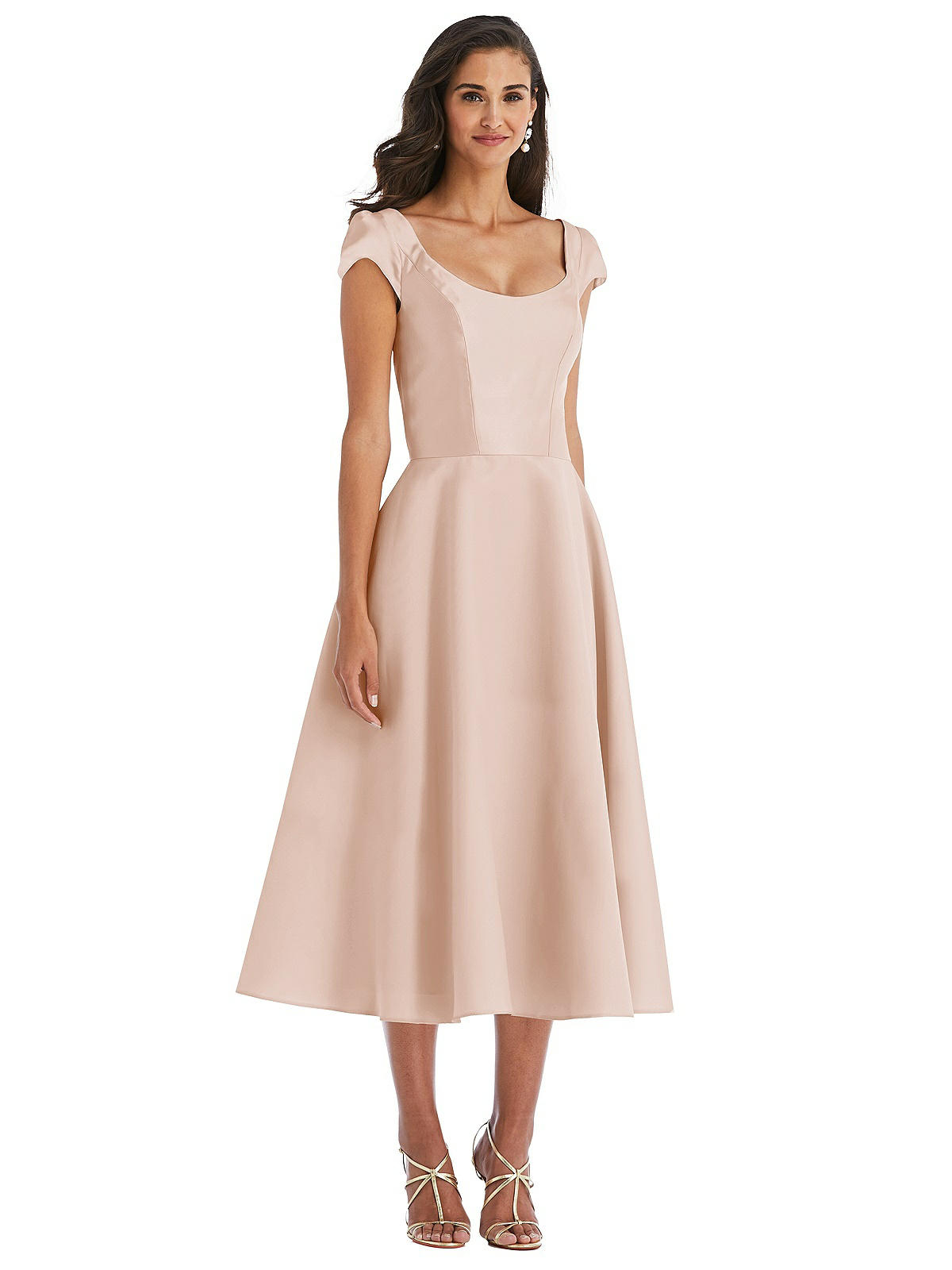 Puff Cap Sleeve Full Skirt Satin Midi 