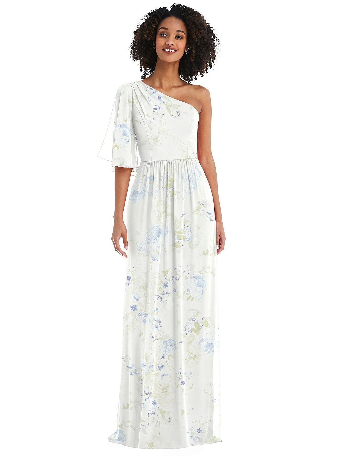 One-Shoulder Bell Sleeve Chiffon Maxi 