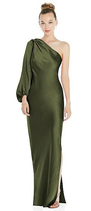 One-Shoulder Puff Sleeve Maxi Bias Dress with Side Slit