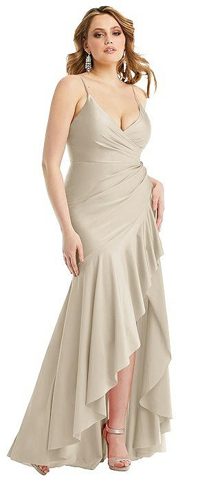 Pleated Wrap Ruffled High Low Stretch Satin Gown with Slight Train