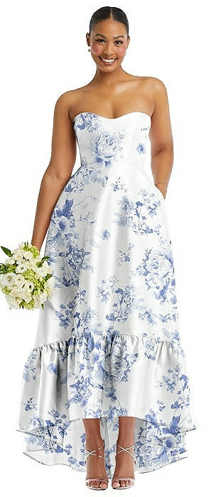 Strapless Floral High-Low Ruffle Hem Maxi Dress with Pockets
