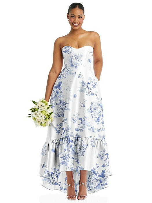 Strapless Floral High-Low Ruffle Hem Maxi Dress with Pockets