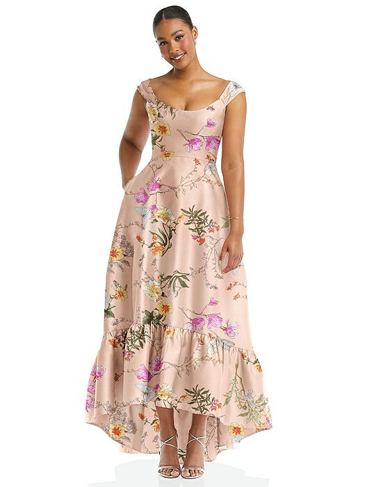 Cap Sleeve Deep Ruffle Hem Floral High Low Dress with Pockets