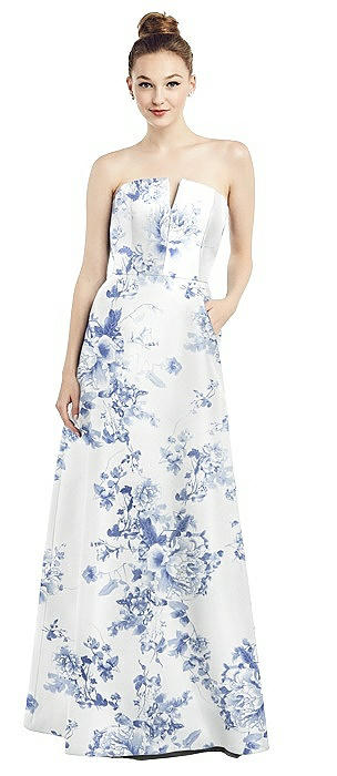 Strapless Notch Floral Satin Gown with Pockets