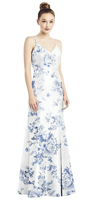 Open-Back Bow Tie Floral Satin Trumpet Gown