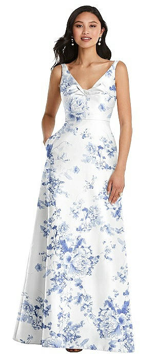 Pleated Bodice Open-Back Floral Maxi Dress with Pockets