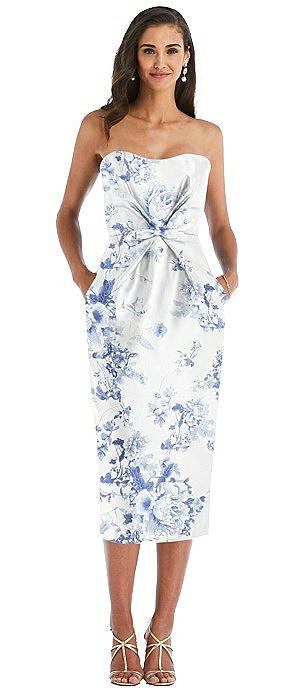 Strapless Bow-Waist Pleated Floral Satin Pencil Dress with Pockets