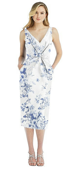Sleeveless Pleated Bow-Waist Floral Satin Pencil Dress with Pockets