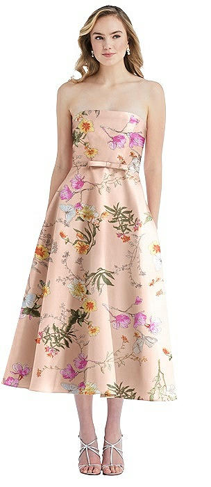 Strapless Bow-Waist Full Skirt Floral Satin Midi Dress