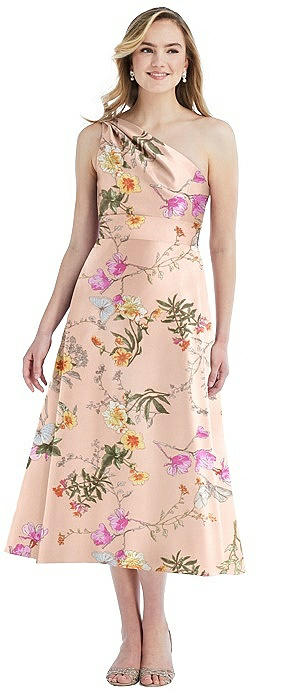 Draped One-Shoulder Floral Satin Midi Dress with Pockets