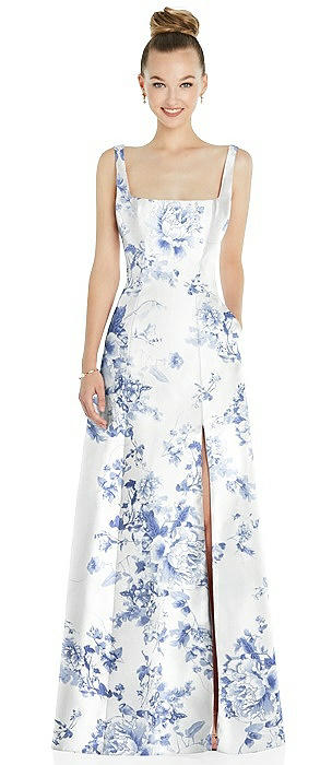 Sleeveless Square-Neck Princess Line Floral Gown with Pockets