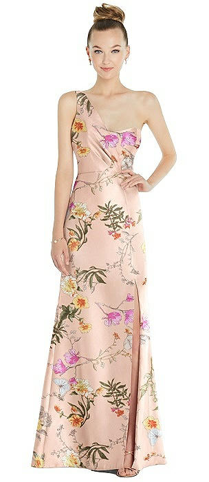 Draped One-Shoulder Floral Satin Trumpet Gown with Front Slit