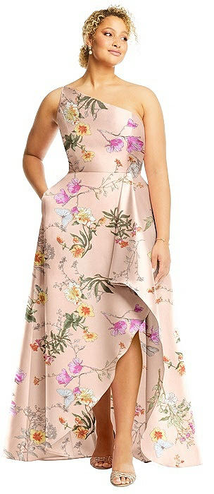 One-Shoulder Floral Satin Gown with Draped Front Slit