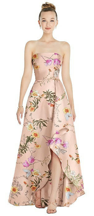 Strapless Floral Satin Gown with Draped Front Slit and Pockets