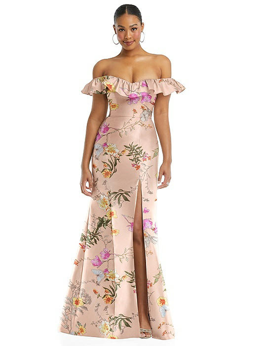 Off-the-Shoulder Ruffle Neck Floral Satin Trumpet Gown
