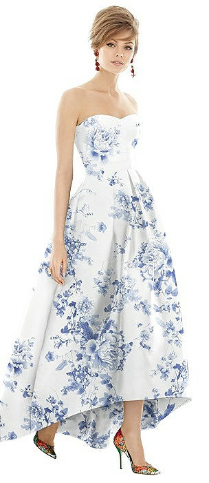 Strapless Floral Satin High Low Dress with Pockets