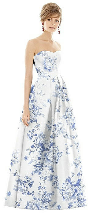 Strapless Pleated Skirt Floral Satin Maxi Dress with Pockets